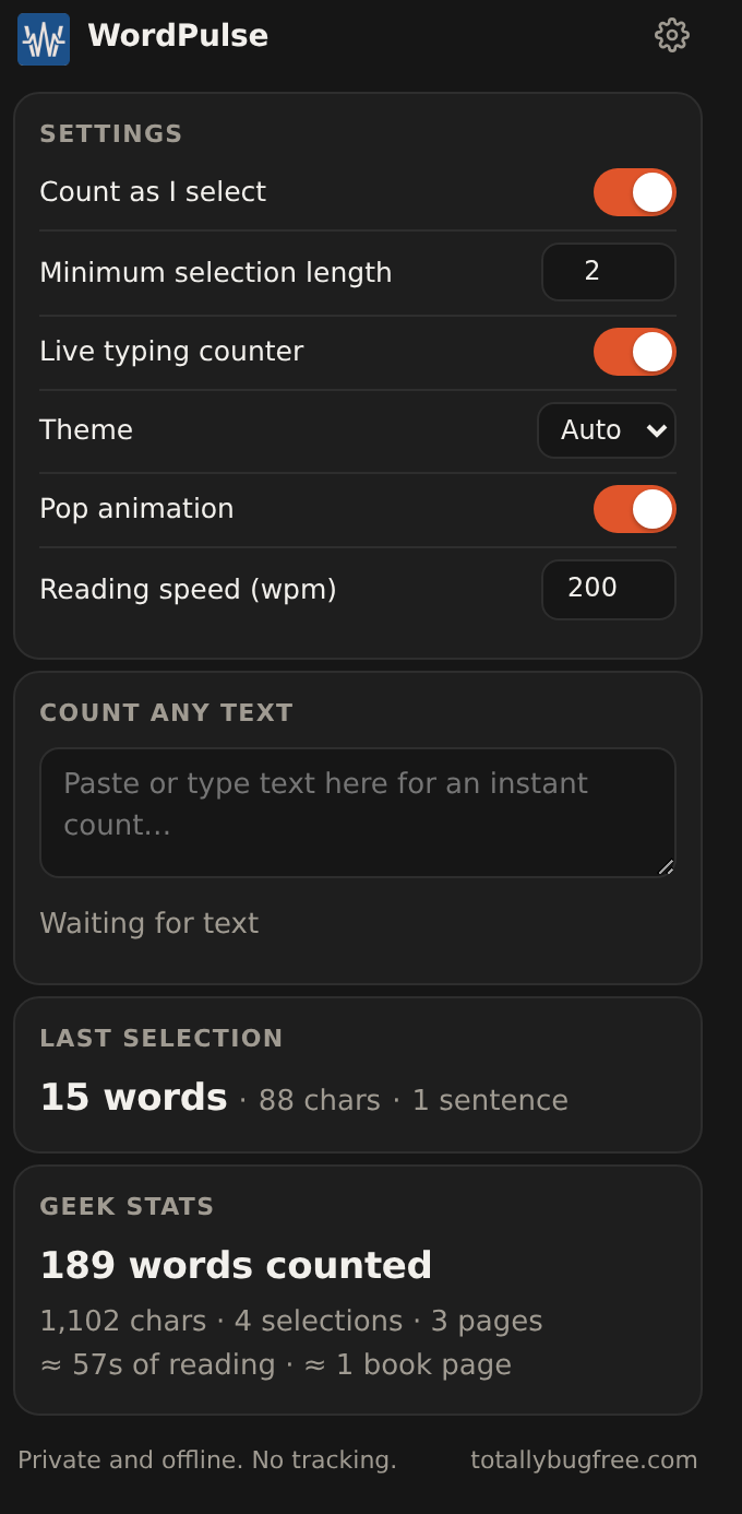 WordPulse in dark mode showing Geek Stats: 189 words counted, 3 pages, about 1 book page of reading