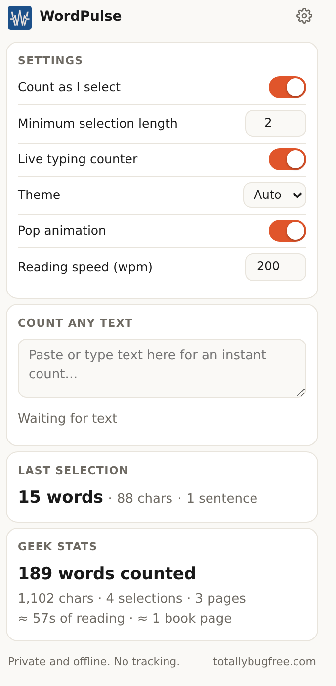 The WordPulse popup: settings, paste-to-count box, last selection and Geek Stats